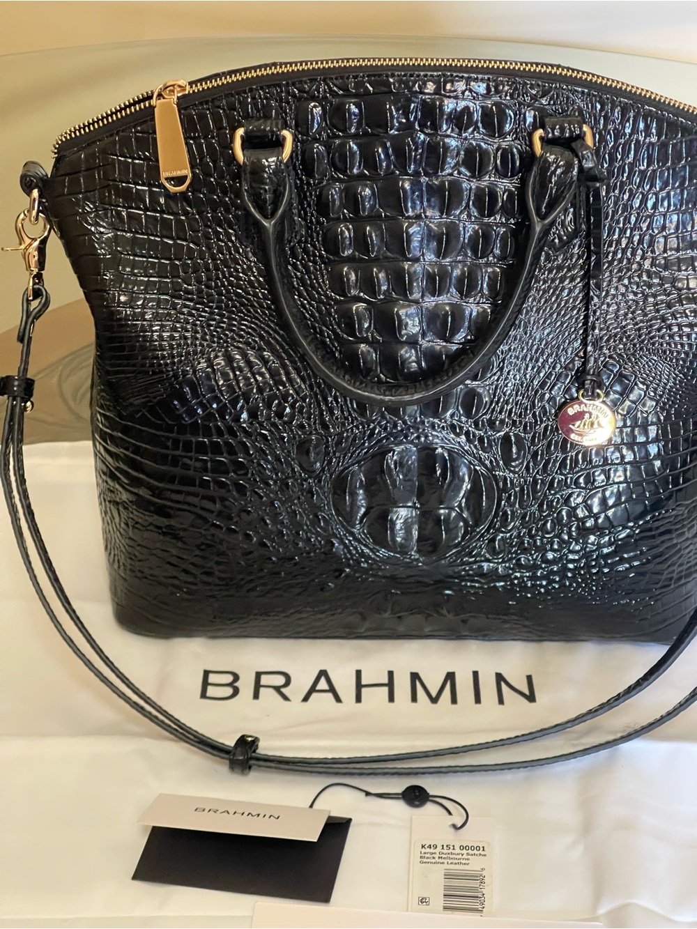 Brahmin Duxbury Black Croc-Embossed Patent Leather Satchel with Gold Hardware
